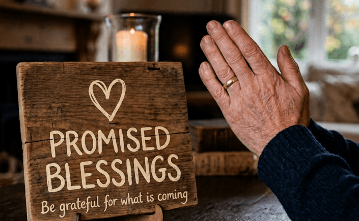 Hands clasped in prayer beside wooden sign reading 'Give Thanks for the Promised Blessings, Be grateful for what is coming'